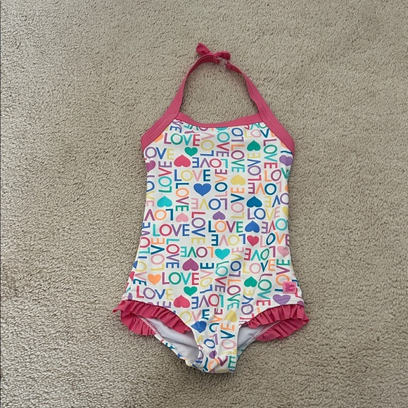 Ruffle Butts Multicolor Love Print Halter Swimsuit size 6 - Picture 1 of 4